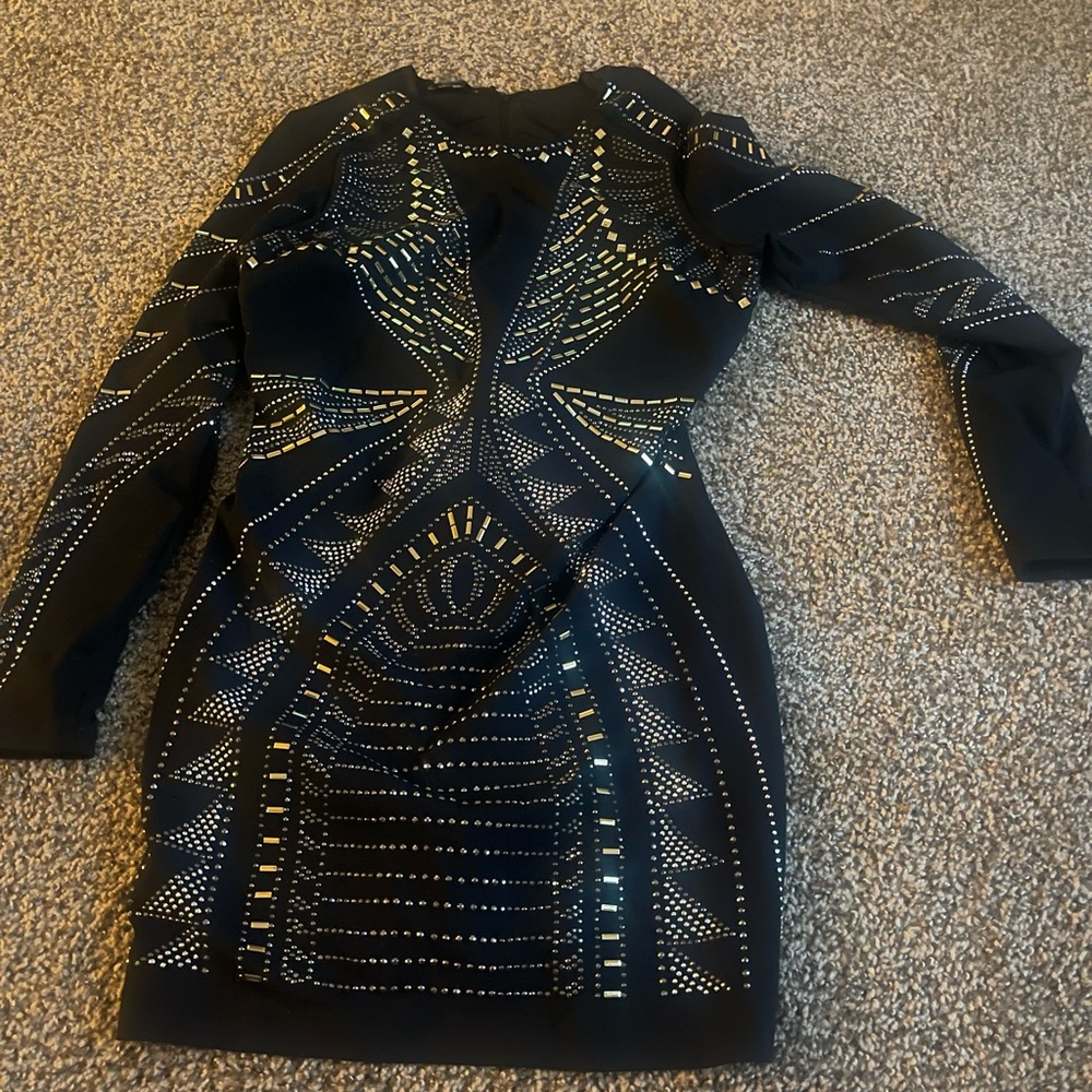 Women’s BeBe black gold and silver bodycon dress size L